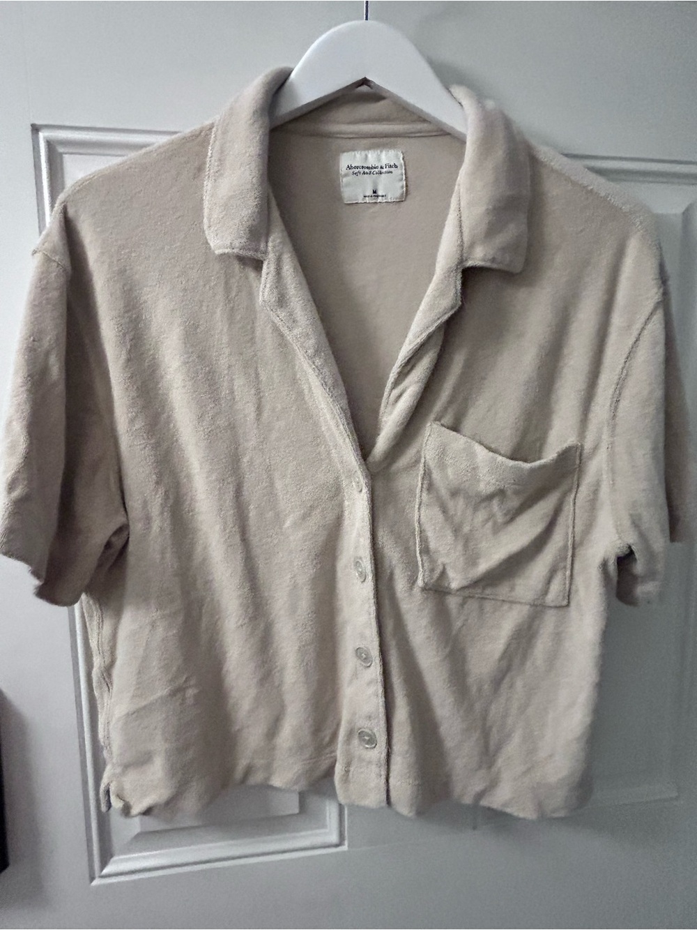 Abercrombie & Fitch Beige Short Sleeve Terry Button-Up Top
